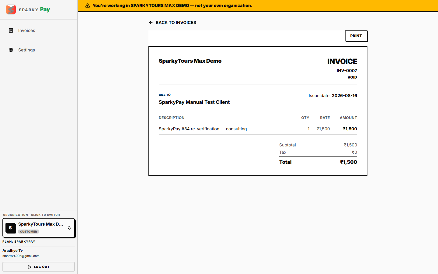 A SparkyPay invoice detail view
